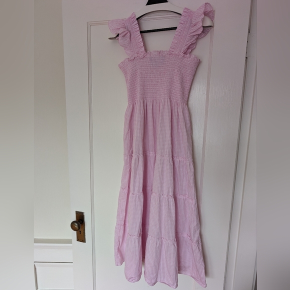 Hill House Ellie Nap Dress Medium Pink Gingham Tiered Midi Smocked Flutter - Picture 3 of 10